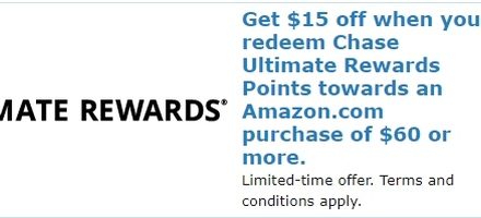 Amazon $15 off $60+ Purchase using (1 UR) Chase Ultimate Rewards – YMMV